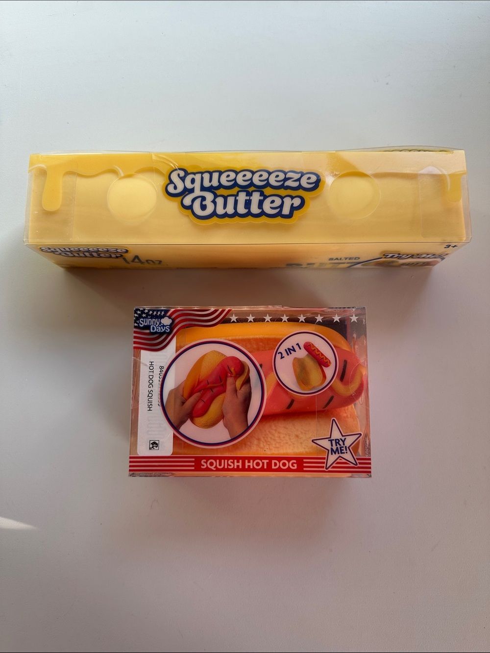 Squeeeeze Butter, Squish Hot Dog, Sunny Days Squeeze, Squeezy Sensory Fidgets